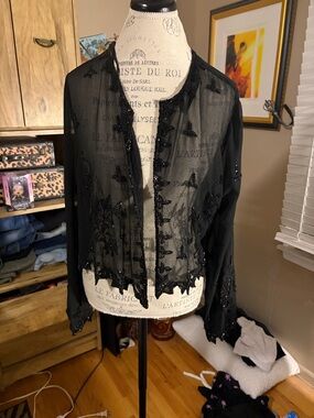 Black Sheer Beaded Evening Jacket - 10